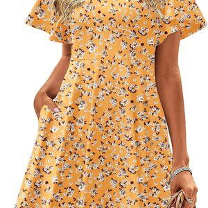 Womens Summer Dress Casual Swing Floral Ruffle Short Sleeve Sundresses Beach Min